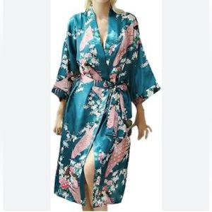 Old Shanghai blue satin bird lotus floral kimono